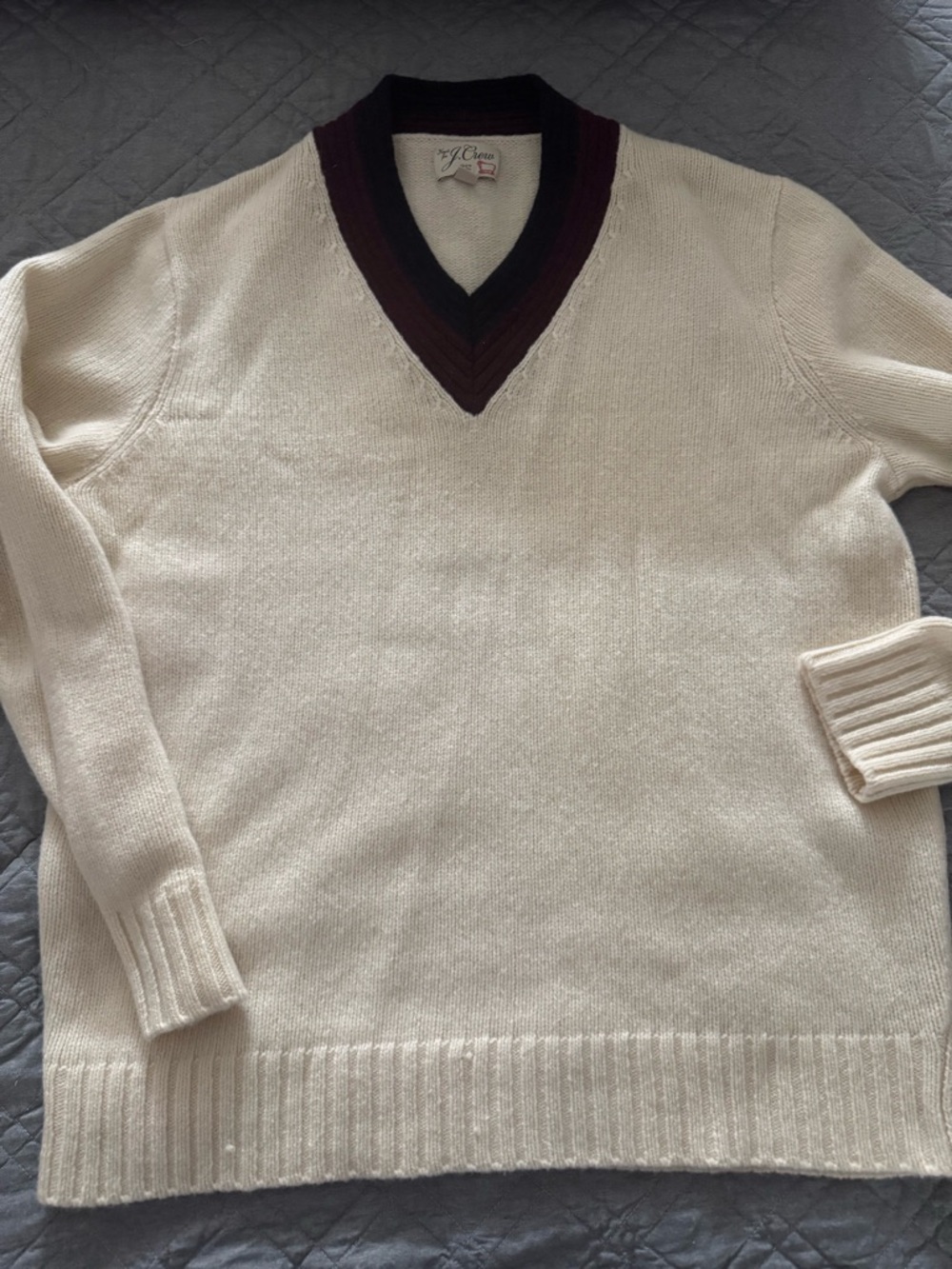 J. Crew Cream V-Neck Sweater with Burgundy and Black Trim
